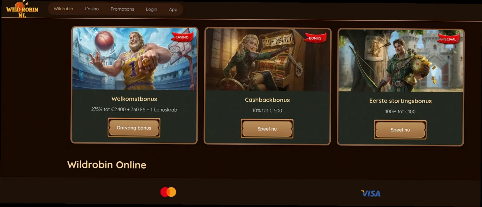 Wild Robin Casino 100% tot €500 + 200 Gratis Spins